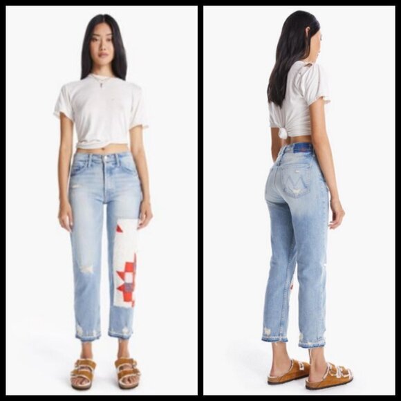 💕MOTHER💕  Patchwork Tomcat Ankle Undone Hem Jean High Rise New Hobbies 24 NWT - Picture 5 of 17